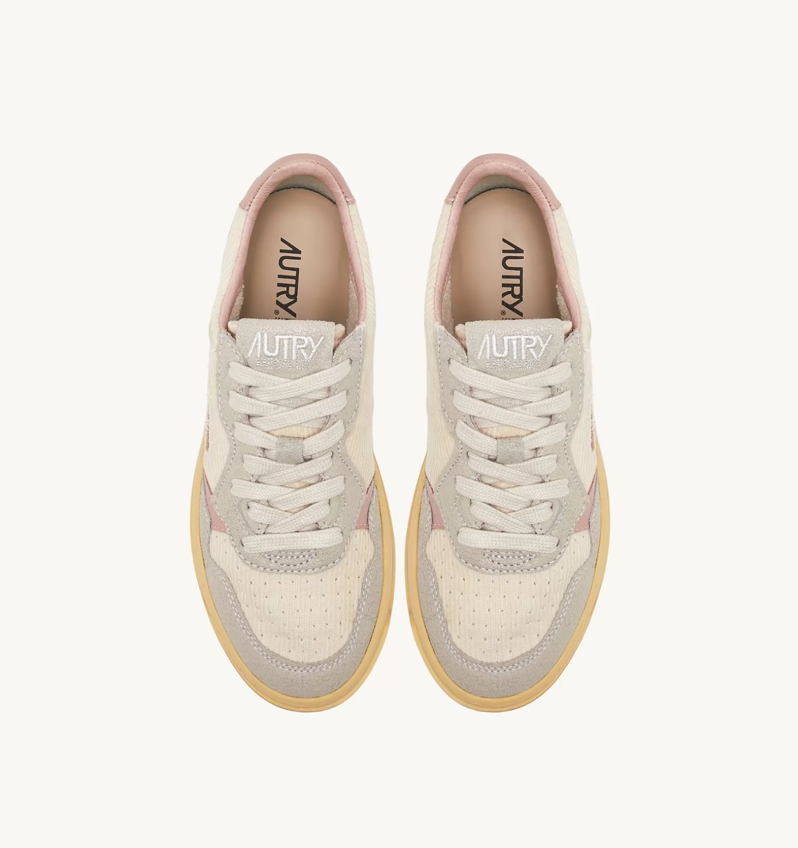 AUTRY Sneakers Medalist Low In Velluto A Costine Avorio E Pelle Grigia E Rosa^Donna Medalist