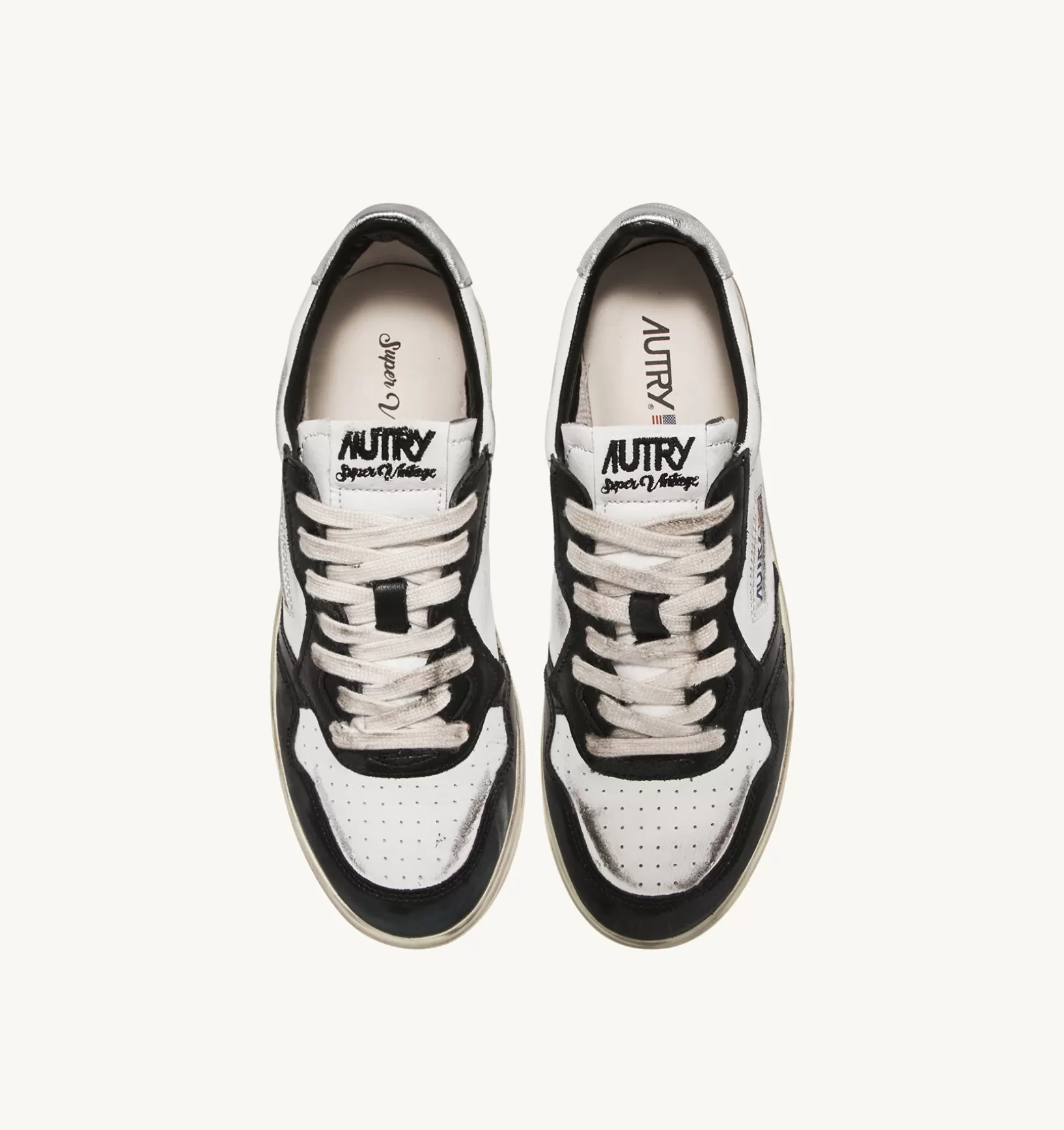 AUTRY Sneakers Super Vintage Low In Pelle Bianco Nero E Argento^Donna Super Vintage